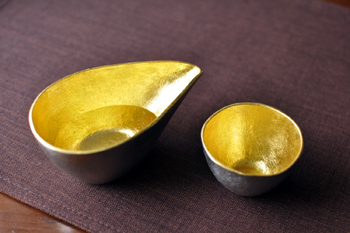 Japanese tin SAKE cup set GUINOMI Ochoko Gold color NOUSAKU from japan